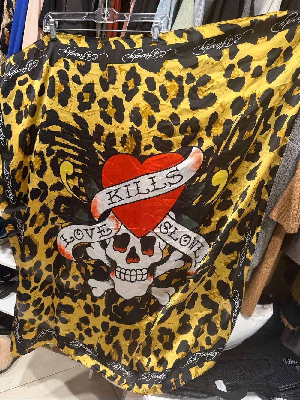 Ed Hardy Gold Black Red Leopard Print Graphic Scarf NEW X-LARGE SIZE